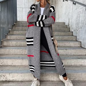 Women's Knits Tees Spring Knitted Cardigan Women Striped Patchwork Autumn Winter Elegant Long Outerwear Maxi Y2k Sweater Coat Soft Jacket 230912