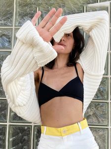 Mujeres Knits Tees Tossy White Women Sweater Shrugs Crop Top Full Lantern Sleeve Prendas de punto Pullover Sexy Summer High Street Outwear Spring 230310