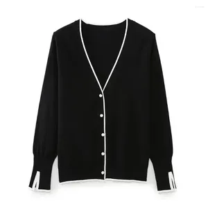 Cardigan tricoté à manches longues et col en v pour femme, pull tricoté avec boutons en perles, vêtement d'extérieur noir, automne
