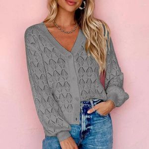 Tricots pour femmes Femmes Découpe Cardigan Pull Recadrée Col En V À Manches Longues Simple Boutonnage Crochet Tops En Tricot Puffed Ribbed Hem Jumpers