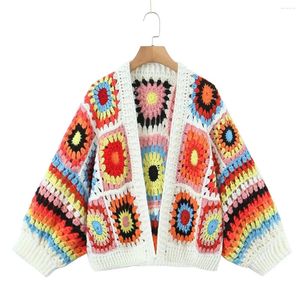 Tricots de femmes Tricots Femmes Granny Square Crochet mignon Modèle Cardigan Fleur Designer Knit Open Open pour