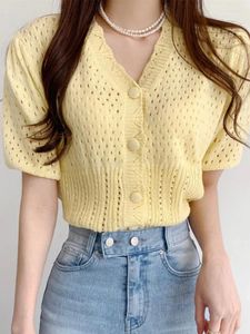 Puntos de mujer Y2k Tops Cárdigan recortado coreano Mujeres con cuello en V Manga de soplo Túnica Sueter Pull Femme Moda Hollow Out Suéter de punto Abrigo