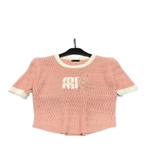 T-shirt de concepteur de tricots pour femmes col rond manches courtes creux rose et blanc couleur correspondant t-shirt pour femmes mode d'été polyvalent