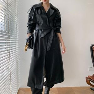 Women's Leather 2023 Autumn Solid Color Long Oversized Faux Trench Coat For Women Raglan Sleeve Korean Fashion Double Breasted