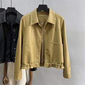 Cuero de mujer 2024 Primavera Otoño Mujeres Bajo con cordón Beige Amarillo Negro Solapa Manga larga Bolsillo grande Chaqueta de motociclista de un solo pecho Mujer