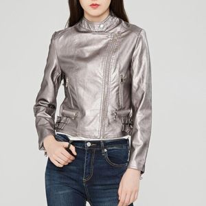 Vestes en cuir pour femmes, mode col Mandarin, noir, rose, vin rouge, vêtements Slim, veste de moto, manteaux d'extérieur pour femmes