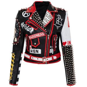 Moda Graffiti remache rebordear Pu abrigos mujeres cadenas Sticthing chaqueta de cuero Punk Rock recortado