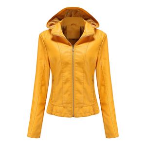 Cuir femme Faux cuir automne et hiver veste en cuir à capuche chapeau amovible femme fermeture éclair à manches longues velours chaud cuir PU manteau mince S-3XL 231027