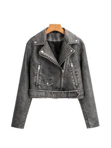 Femmes en cuir Faux femmes lâche Pu veste courte avec ceinture Streetwear femme Moto Biker fermeture éclair revers manteau vêtements d'extérieur leather jacket women 230928