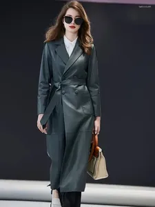 Veste en cuir véritable pour femmes, veste de bureau, longue, Double boutonnage, ceinture, en peau de mouton, mode automne 2023