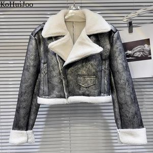 Chaqueta de cuero de invierno para mujer, chaquetas de motociclista de lana de cordero de gamuza, abrigo de Moto Vintage de piel sintética, prendas de vestir exteriores cálidas para mujer 2023