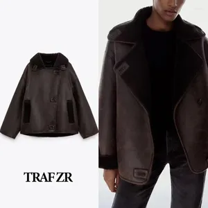 Manteau d'hiver en cuir ZR pour femmes, veste en fausse fourrure Pu à revers, vestes de moto chaudes pour dames, vêtements de luxe de styliste