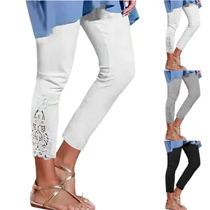 Leggings de mujer Pantalones recortados para mujeres de encaje largo de cintura alta delgado elástico versátil primavera otoño mujeres