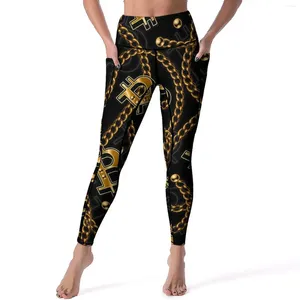 Leggings pour femmes chaîne en or signe brillant pantalon de Yoga de gymnastique taille haute collants de sport extensibles avec poches Leggins graphiques élégants