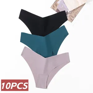 Bragas de mujer, 10 piezas, ropa interior Sexy de seda sin costuras para mujer, tangas elásticas, lencería para mujer, Bikini secreto, bragas con diseño en V