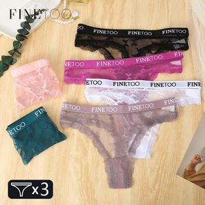 PALANTE FEME FINETOO 3PCS Femmes Lace Lace Thong Letter Bikini Underwear Sexy Hollow Out T-back Female Low-Rise Floral Perspective Lingerie