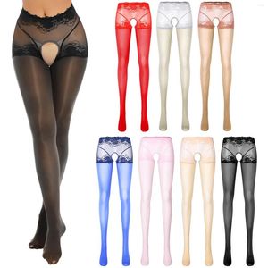 Culotte femme huile brillante bas entrejambe ouvert Transparent jarretelles collants Sexy dame élastique découpe