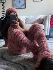 Pantalon féminin Boofeenaa Fuzzy Knited Empilled Warm Comfy Winter Women Street Fashion 2024 High Waist Flare Leggings C0-DH30