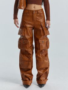 Pantalon femme Capris automne Multi poches taille haute pantalon en cuir ample décontracté tout Match Long PU Cargo