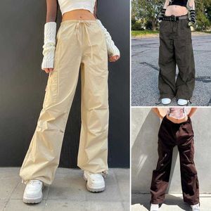 Pantalon femme Capris élastique taille haute sangle de cheville pantalon cargo grande poche jambe large sac tissé nouilles plates P230602