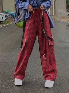 Women's Pants Capris HOUZHOU Punk Cargo Plaid Pants Women Gothic Harajuku Red Checkered Wide Leg Trousers For Female Autumn Streetwear Hippie Fashion 230710