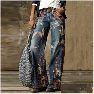 Pantalon Femme Capris Femme Denim Casual Plus La Taille Lâche Automne Hiver Élégant Imprimé Floral Vintage Dames Pantalon Large 3Xl Dr Dhboj