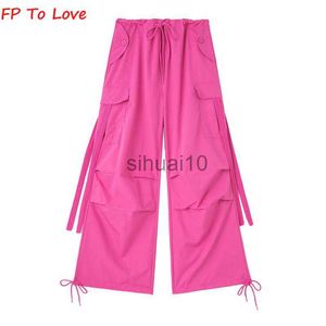 Women's Pants Capris Y2K Pocket Cargo Pants Woman Loose Trousers Wide Leg Hot Pink Sashes Belt Campus PB ZA Female Yellow Red Grey Black J230605