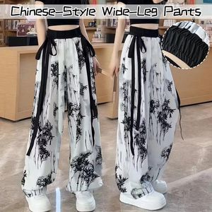 Pantalon femme Style encre chinoise peinture jambes larges femmes élégant ethnique mousseline de soie drapé sentiment pantalon taille haute mince ample