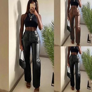 Pantalon femme élégant en cuir PU femmes taille haute couleur unie pantalon bureau dame droite femme Streetwear pantalons De Mujer