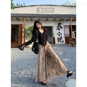 Pantalon femme haut de gamme sentiment Style chinois ruban Blouse encre taille haute jupe été 2023 mode costume