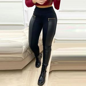 Pantalon Femme Taille Haute Skinny Femmes Faux Cuir Contraste Pantalon Hanche Levage Push Up Collants Sexy Dames Pantalones De Mujer