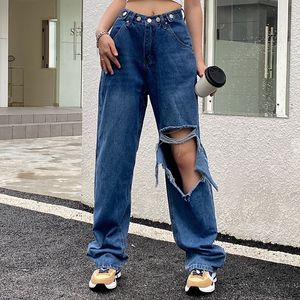 Pantalons pour femmes s Y2K Vintage Ripped High Rise Jeans Summer Street Style Spice Girl Fashion Casual Solid Color Straight Wide Leg Pantalon 230512