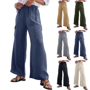 Pantalon d'été en lin pour femmes, jambes larges, fluide, plage, avec poches, couleur unie, jeune et polyvalent