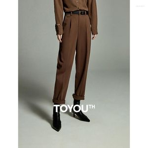 Pantalones para mujer Toyouth Traje de mujer 2023 Invierno Cintura alta Recta Suelta Cálida Imitación Tela de lana Conmutaciones Café Pantalones negros