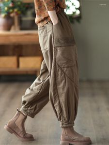 Pantalon femme 2023 hiver ample rembourré chaud pantalon décontracté dames rétro taille élastique épissé coton plus épais