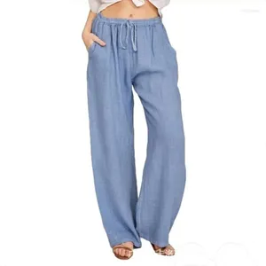 Pantalones de mujer de lino de algodón 2023 otoño Vintage liso elástico cintura suelta pantalones rectos mujer Casual cordón pierna ancha