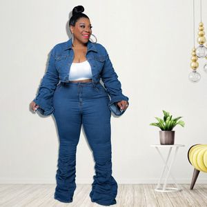 Survêtements grande taille pour femmes 2023 printemps femmes ensemble veste en jean à manches longues et pantalon empilé mode deux pièces Jean ensembles Sexy Lady tenue en gros 230426