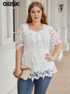 T-shirt grande taille pour femmes GIBSIE Plus Size Sweetheart Neck Noeud Front Lace Blouse Women Summer Short Sleeve Sweet Casual Ladies White Blouses Tops 230715