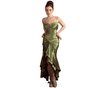Robe de bal pour femme bretelles spaghetti sirène vert robe de bal en satin sans manches hi-lo plissé robes de soirée sexy pour