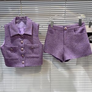 Gilet sans manches à paillettes en tweed pour femmes, couleur violette, col rabattu, paillette, manteau et short, twinset, costume 2 pièces SML