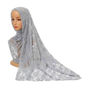 Hijab informal de encaje con flores rosas para mujer, bufanda musulmana para exteriores de Color sólido de poliéster Simple