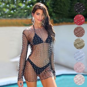 Mujeres sexy ver a través de malla MESH Diamantes Diamantes Pearl manga larga 2023 Summer Sexy Bodycon Dresses Club Party Beach Up Y2k Ropa