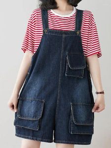 Shorts pour femmes Mode Solide Denim Salopette Sans manches Bandoulière Combinaison Été Vintage Coréen Lâche Bouton Droit Jeans Court