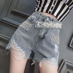 Shorts pour femme femme décontracté été dames perle déchiré trou Denim classique Vintage taille haute bleu jambe large jean court