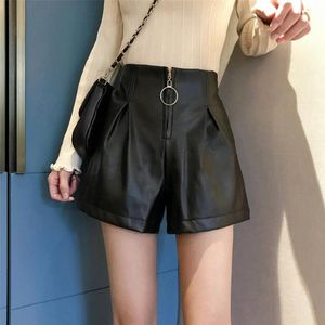 Shorts Femmes MUMUZI Faux Cuir Jambe Large Femmes Hiver 2021 Coréen Casual Lâche Taille Haute Polaire Bottes Épaisses Pantalon avec Fermeture À Glissière