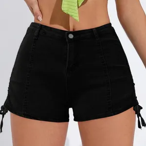 Pantalones cortos de mujeres de verano jeans con cordón con cintura con cordones con piñamas de seda de bolsillos para mujeres acero