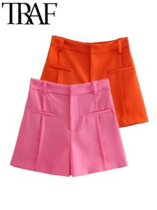 Pantalones cortos TRAF para mujer, pantalones cortos de verano para mujer, pantalones casuales con detalle de pliegues y cremallera, pantalones cortos rectos de cintura alta para mujer, color rosa intenso 230420