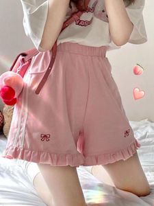 Shorts pour femmes femmes Style japonais rose sueur doux fille surdimensionné volants broderie pyjamas pantalon femme mode coréenne décontracté