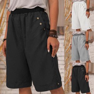 Pantalones cortos de mujer de lino de algodón sólido de media longitud de verano 2023, pantalones cortos holgados de pierna ancha con cintura elástica y bolsillo con botones para mujer