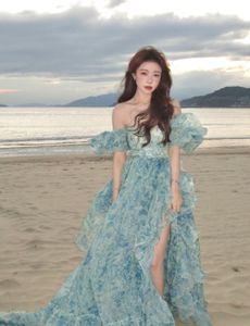 Femmes slash cou manches courtes bleu imprimé fleuri taille haute maxi longue organza robe de bal piste robe plage vacances vestidos SML